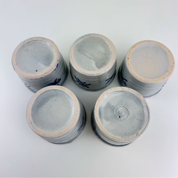 Salt Glaze Pottery Dish Boho Blue Glaze Handmade Vintage Ceramic Bowl Set Of 5 - Picture 5 of 7